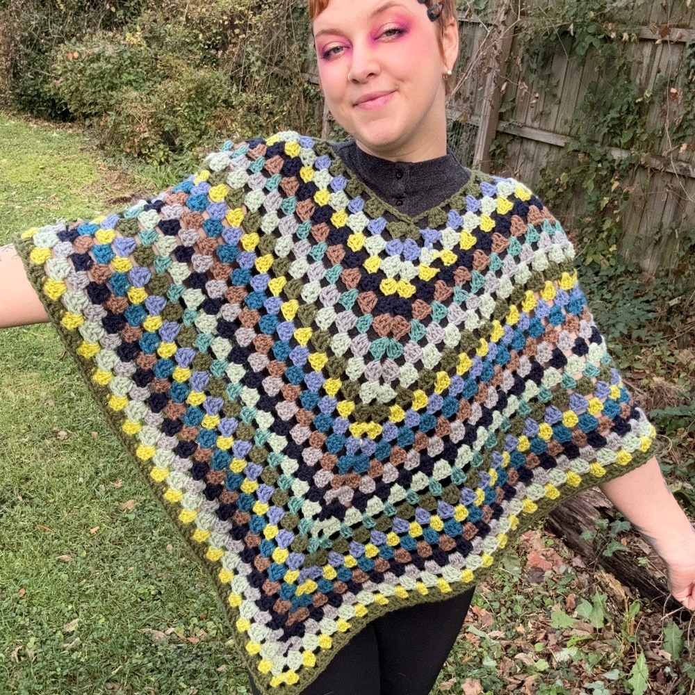 Handmade Green Granny Stitch Crochet Poncho
